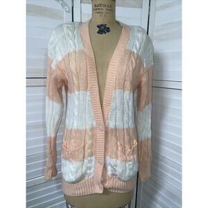 VINTAGE 80s Hunters Run Sweater Women’s White Peach Cardigan Ramie Cotton Medium